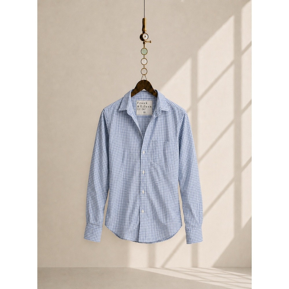 Frank & Eileen Barry Gingham Check Blue Grey White Italian Cotton Button Up XS